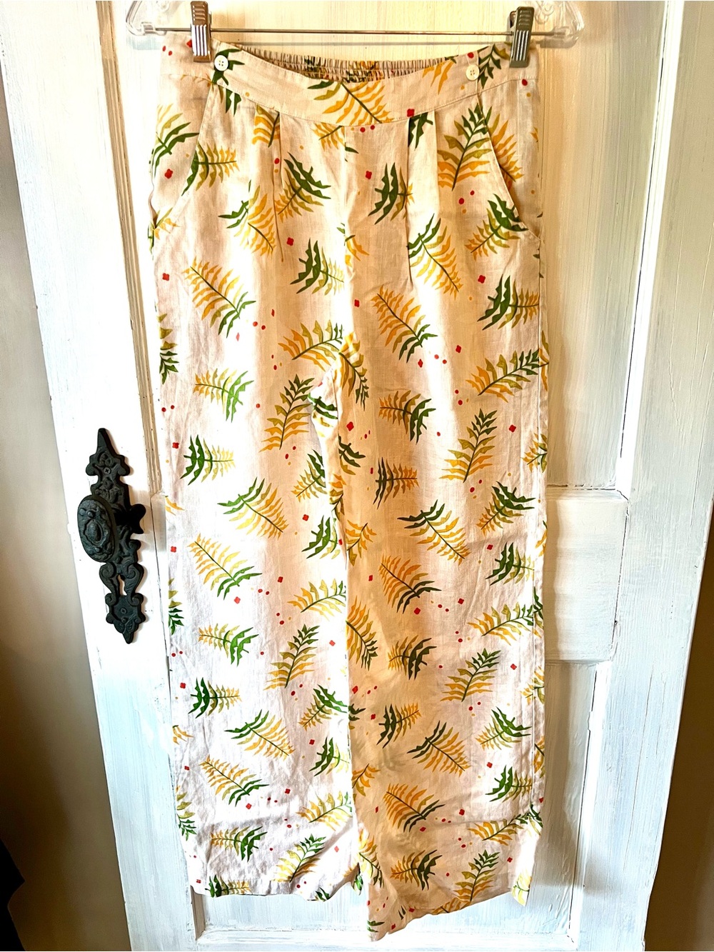 Anthropologie Cream Wide-Leg Linen Pants with Leaf Print and Red Dots